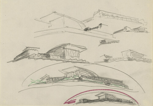 Erich Mendelsohn, B’nai Amoona Synagogue and Community Center, perspective drawings, second version, seven views, 1946. Pencil and colored pencil on paper. Kunstbibliothek, Staatliche Museen zu Berlin, HdzEM990.